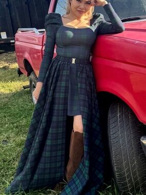 Selkie Plaid two piece Long Sleeve Square-Neck dress and skirt